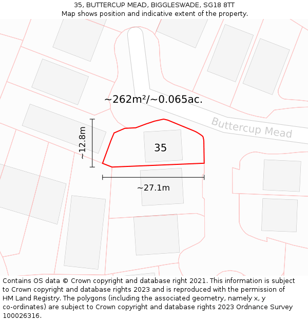 35, BUTTERCUP MEAD, BIGGLESWADE, SG18 8TT: Plot and title map