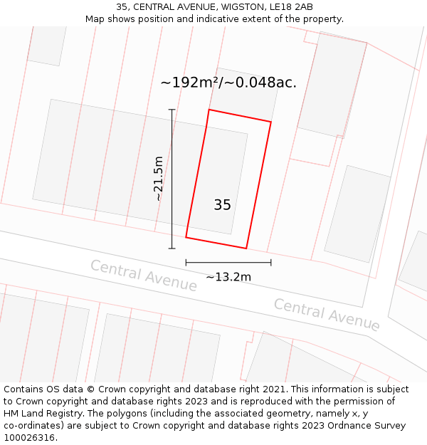 35, CENTRAL AVENUE, WIGSTON, LE18 2AB: Plot and title map