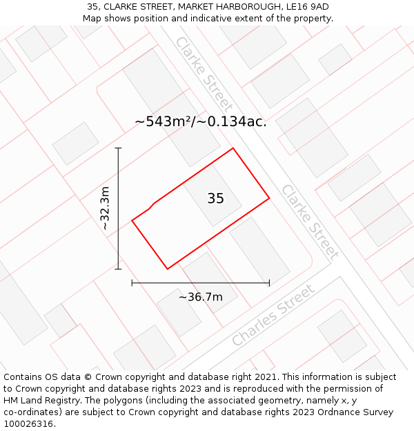 35, CLARKE STREET, MARKET HARBOROUGH, LE16 9AD: Plot and title map