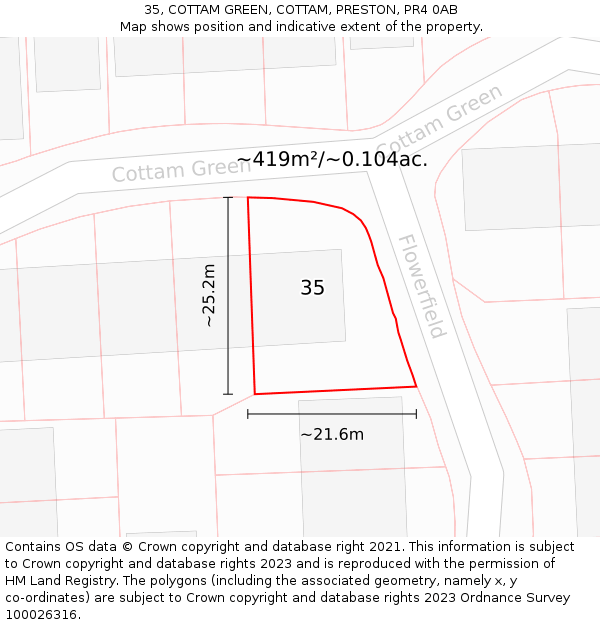 35, COTTAM GREEN, COTTAM, PRESTON, PR4 0AB: Plot and title map