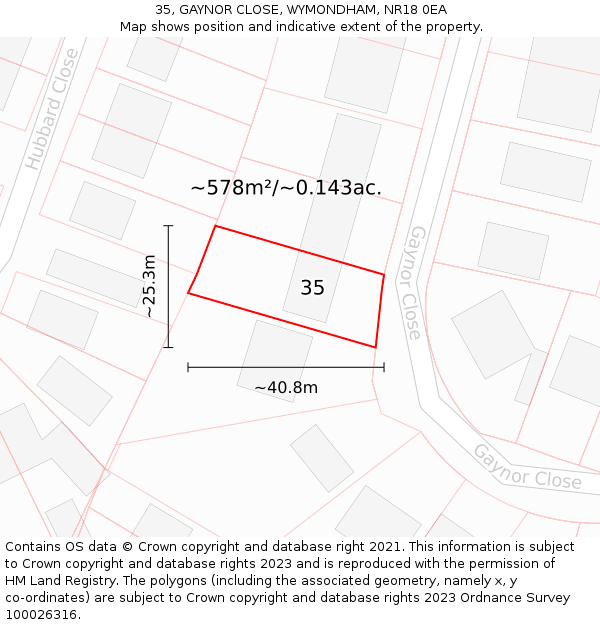 35, GAYNOR CLOSE, WYMONDHAM, NR18 0EA: Plot and title map