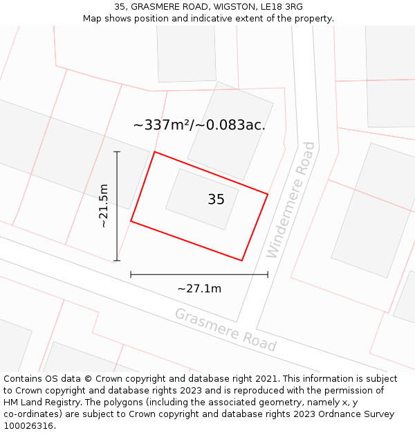 35, GRASMERE ROAD, WIGSTON, LE18 3RG: Plot and title map