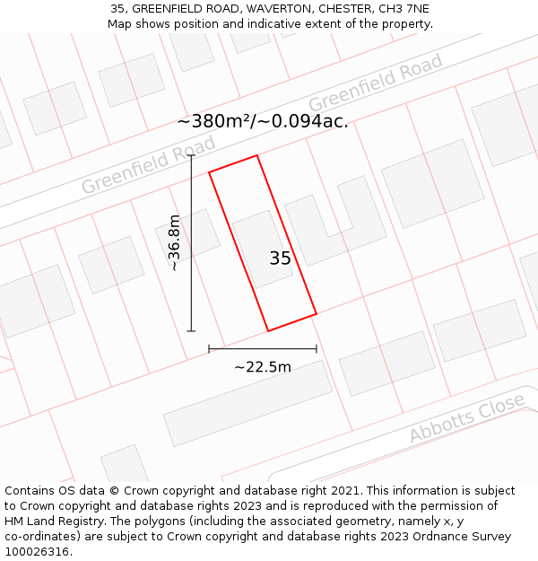 35, GREENFIELD ROAD, WAVERTON, CHESTER, CH3 7NE: Plot and title map