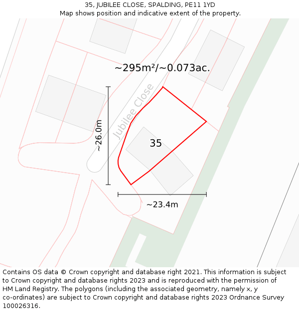 35, JUBILEE CLOSE, SPALDING, PE11 1YD: Plot and title map