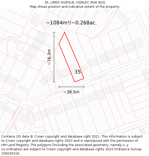 35, LIMES AVENUE, HORLEY, RH6 9DG: Plot and title map