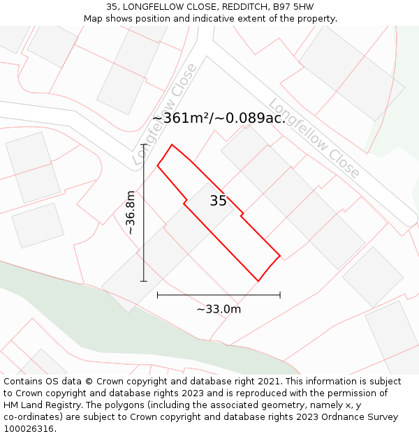 35, LONGFELLOW CLOSE, REDDITCH, B97 5HW: Plot and title map