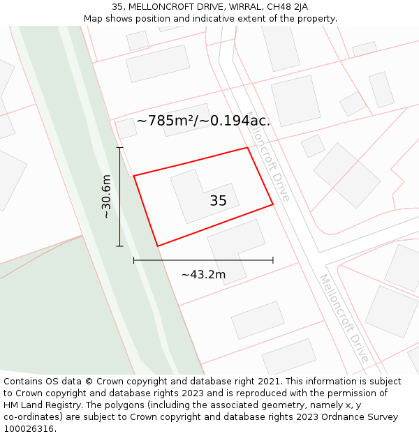 35, MELLONCROFT DRIVE, WIRRAL, CH48 2JA: Plot and title map