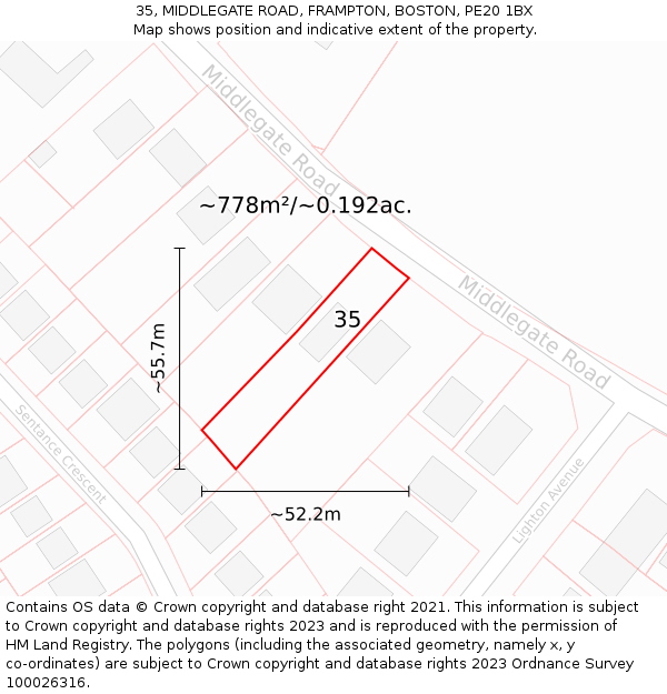 35, MIDDLEGATE ROAD, FRAMPTON, BOSTON, PE20 1BX: Plot and title map