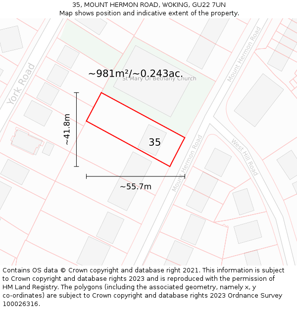 35, MOUNT HERMON ROAD, WOKING, GU22 7UN: Plot and title map