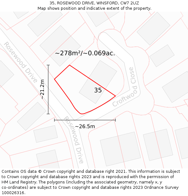 35, ROSEWOOD DRIVE, WINSFORD, CW7 2UZ: Plot and title map