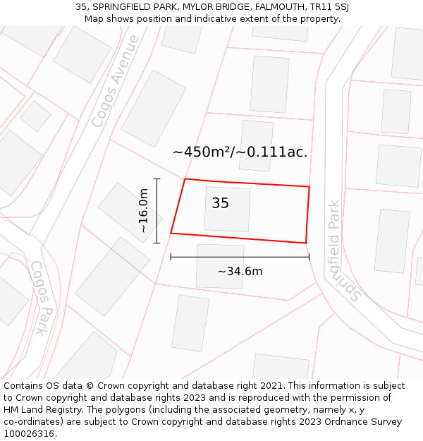 35, SPRINGFIELD PARK, MYLOR BRIDGE, FALMOUTH, TR11 5SJ: Plot and title map