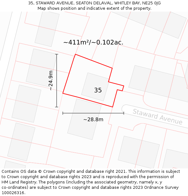 35, STAWARD AVENUE, SEATON DELAVAL, WHITLEY BAY, NE25 0JG: Plot and title map