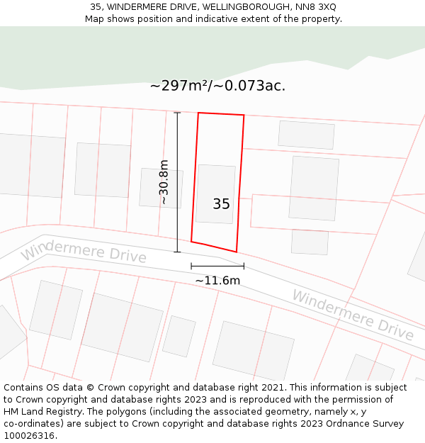 35, WINDERMERE DRIVE, WELLINGBOROUGH, NN8 3XQ: Plot and title map