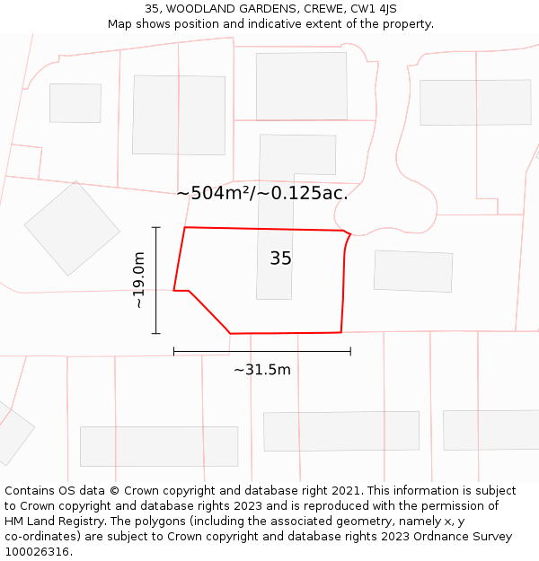 35, WOODLAND GARDENS, CREWE, CW1 4JS: Plot and title map