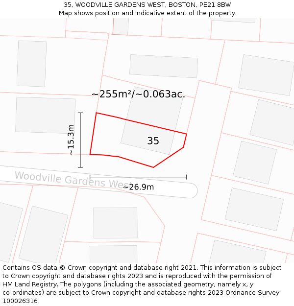 35, WOODVILLE GARDENS WEST, BOSTON, PE21 8BW: Plot and title map