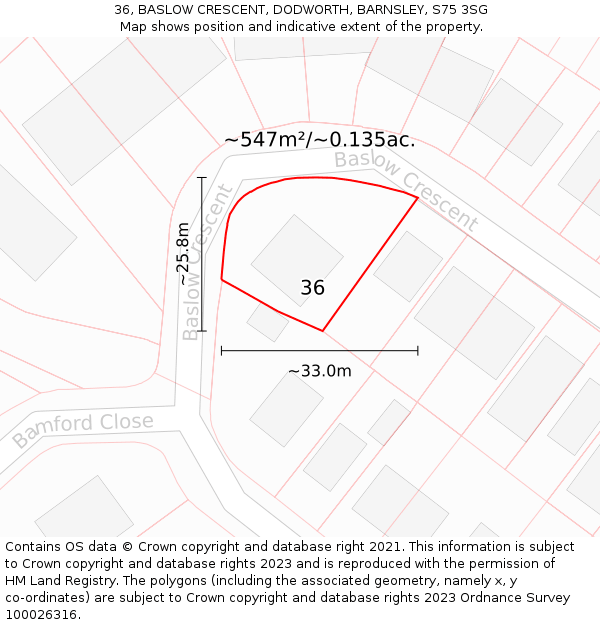 36, BASLOW CRESCENT, DODWORTH, BARNSLEY, S75 3SG: Plot and title map