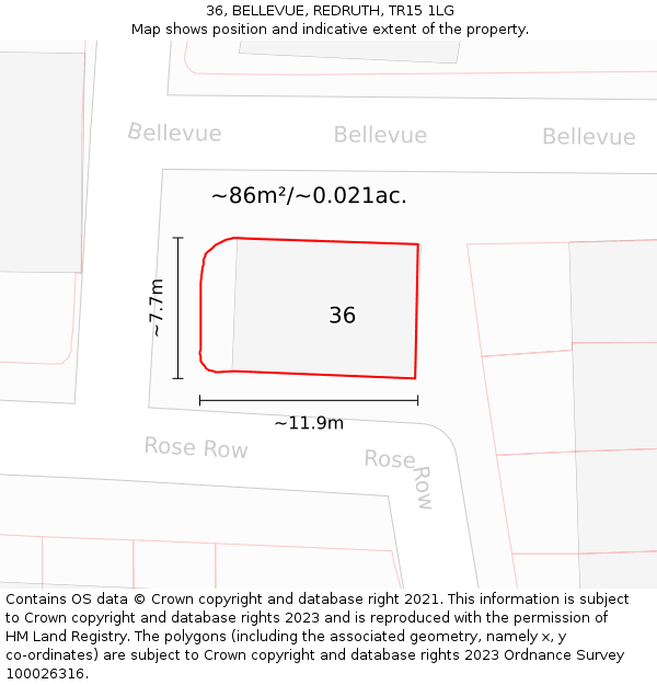 36, BELLEVUE, REDRUTH, TR15 1LG: Plot and title map