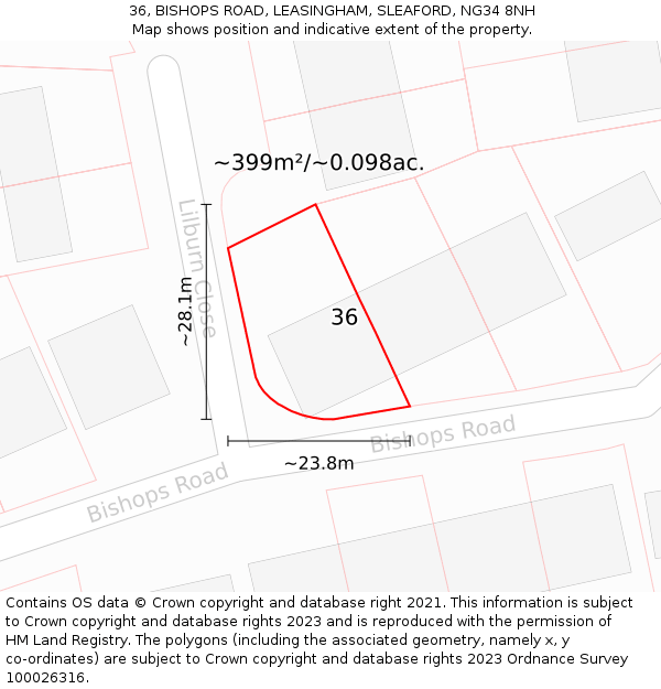 36, BISHOPS ROAD, LEASINGHAM, SLEAFORD, NG34 8NH: Plot and title map