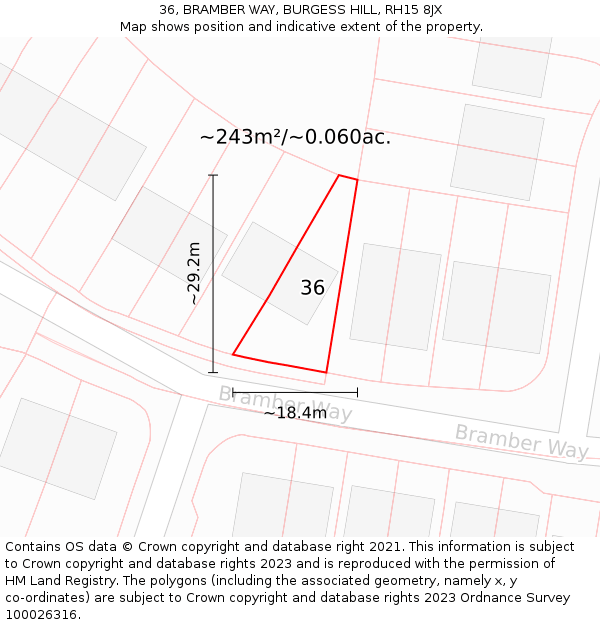 36, BRAMBER WAY, BURGESS HILL, RH15 8JX: Plot and title map