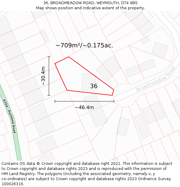 36, BROADMEADOW ROAD, WEYMOUTH, DT4 9BS: Plot and title map