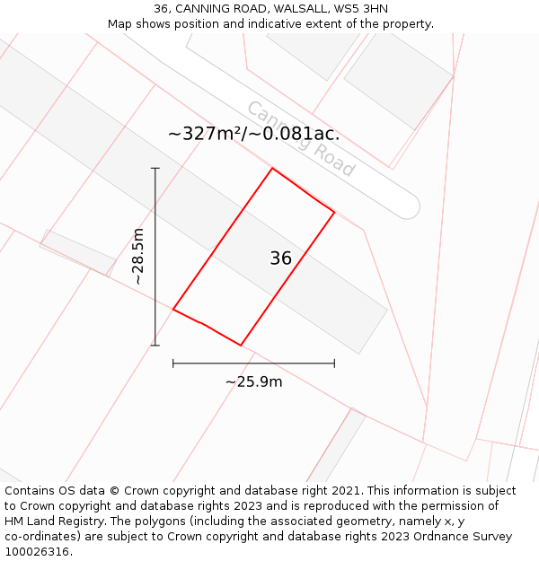 36, CANNING ROAD, WALSALL, WS5 3HN: Plot and title map