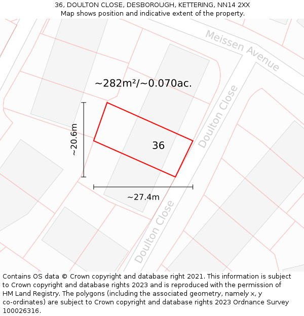 36, DOULTON CLOSE, DESBOROUGH, KETTERING, NN14 2XX: Plot and title map