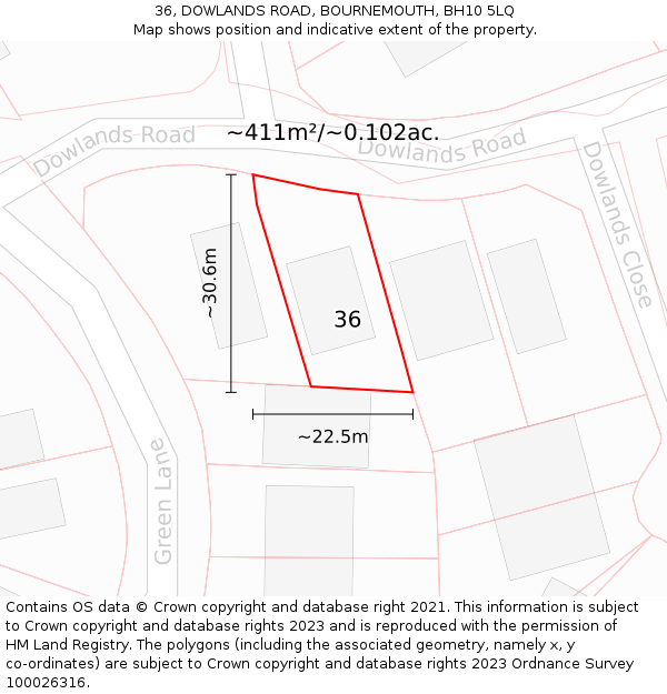 36, DOWLANDS ROAD, BOURNEMOUTH, BH10 5LQ: Plot and title map