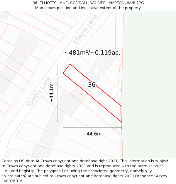 36, ELLIOTTS LANE, CODSALL, WOLVERHAMPTON, WV8 1PG: Plot and title map