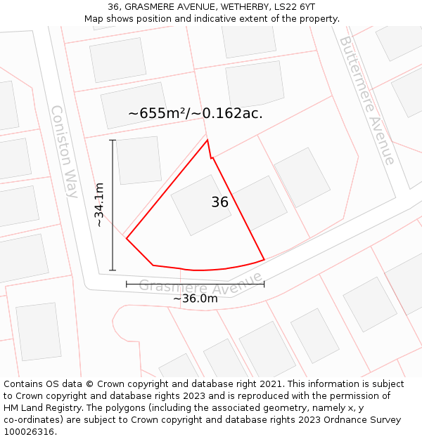 36, GRASMERE AVENUE, WETHERBY, LS22 6YT: Plot and title map