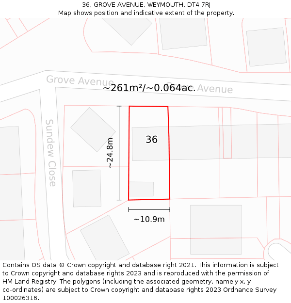36, GROVE AVENUE, WEYMOUTH, DT4 7RJ: Plot and title map