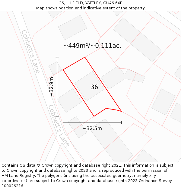 36, HILFIELD, YATELEY, GU46 6XP: Plot and title map