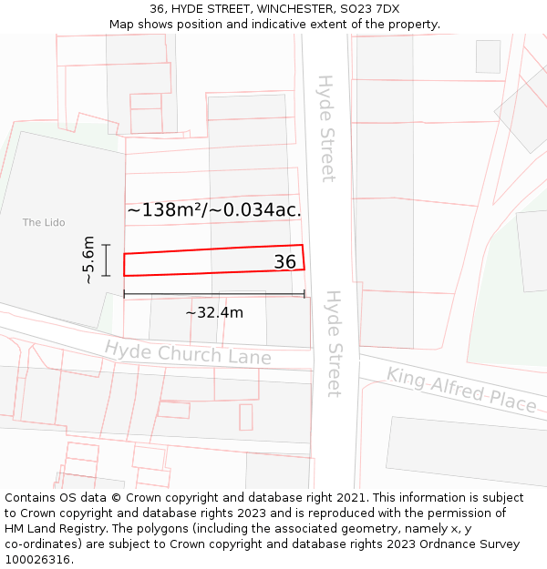 36, HYDE STREET, WINCHESTER, SO23 7DX: Plot and title map