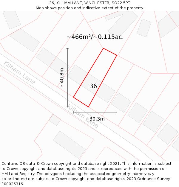 36, KILHAM LANE, WINCHESTER, SO22 5PT: Plot and title map