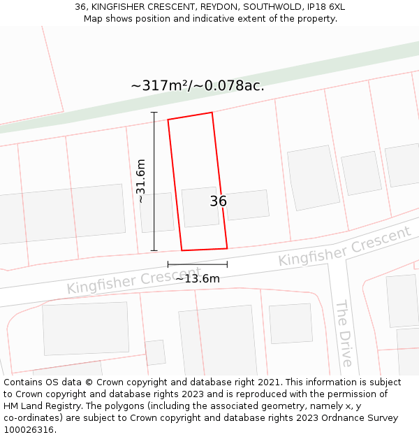 36, KINGFISHER CRESCENT, REYDON, SOUTHWOLD, IP18 6XL: Plot and title map