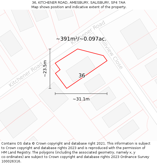 36, KITCHENER ROAD, AMESBURY, SALISBURY, SP4 7AA: Plot and title map