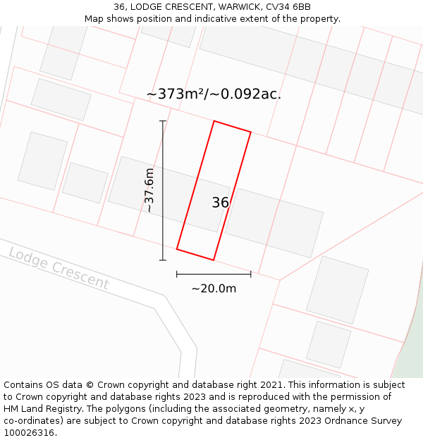 36, LODGE CRESCENT, WARWICK, CV34 6BB: Plot and title map