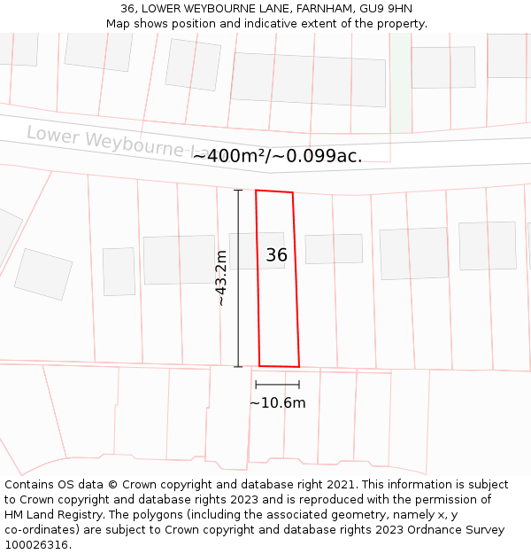 36, LOWER WEYBOURNE LANE, FARNHAM, GU9 9HN: Plot and title map