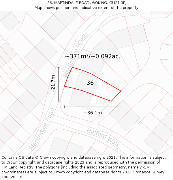 36, MARTINDALE ROAD, WOKING, GU21 3PJ: Plot and title map