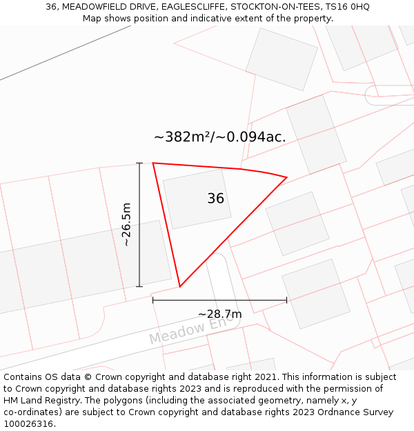 36, MEADOWFIELD DRIVE, EAGLESCLIFFE, STOCKTON-ON-TEES, TS16 0HQ: Plot and title map