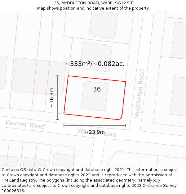 36, MYDDLETON ROAD, WARE, SG12 9JT: Plot and title map