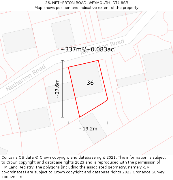 36, NETHERTON ROAD, WEYMOUTH, DT4 8SB: Plot and title map