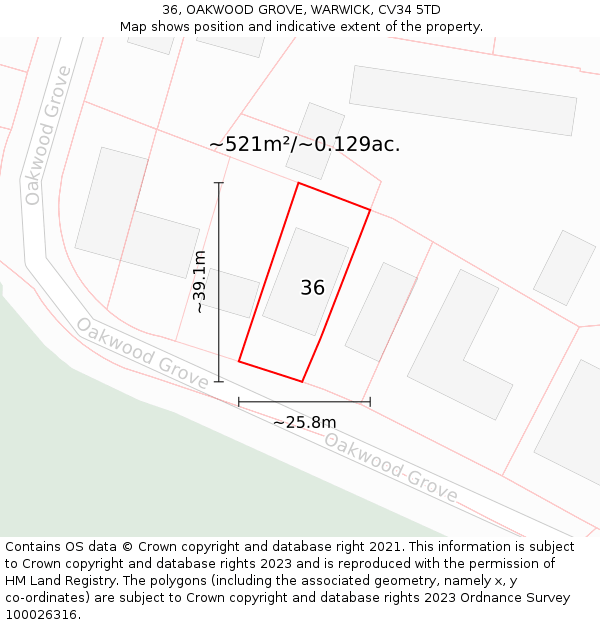 36, OAKWOOD GROVE, WARWICK, CV34 5TD: Plot and title map