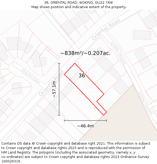 36, ORIENTAL ROAD, WOKING, GU22 7AW: Plot and title map