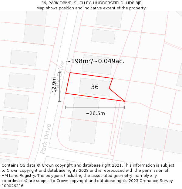 36, PARK DRIVE, SHELLEY, HUDDERSFIELD, HD8 8JE: Plot and title map