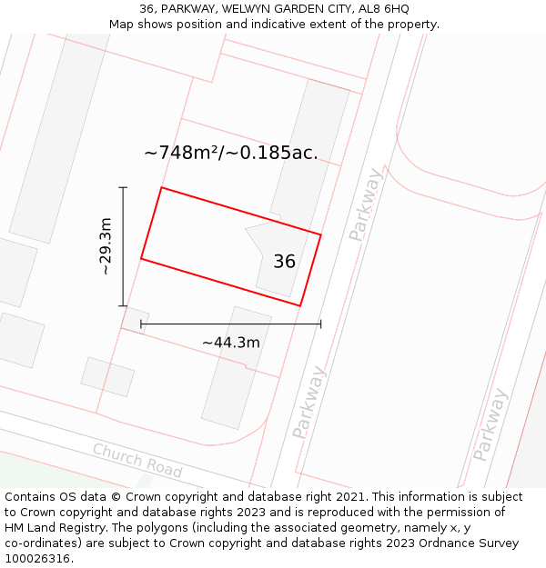 36, PARKWAY, WELWYN GARDEN CITY, AL8 6HQ: Plot and title map