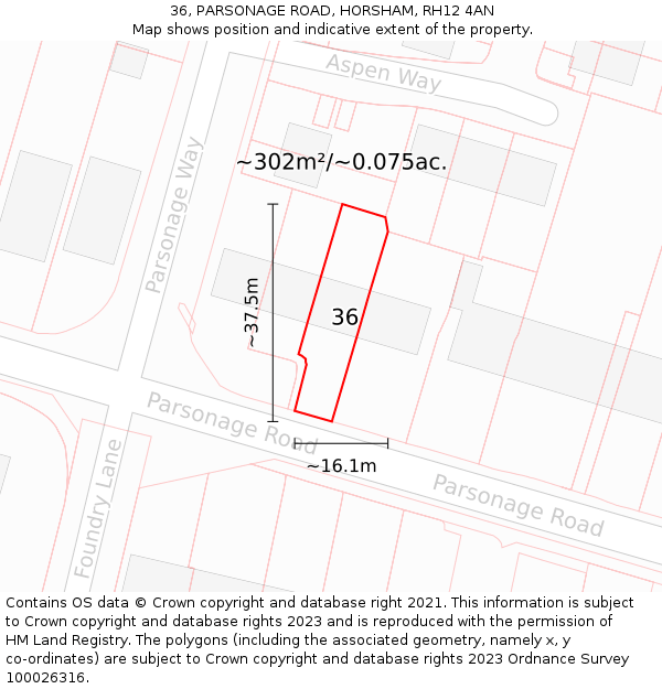 36, PARSONAGE ROAD, HORSHAM, RH12 4AN: Plot and title map