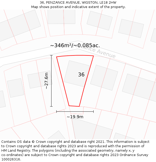 36, PENZANCE AVENUE, WIGSTON, LE18 2HW: Plot and title map