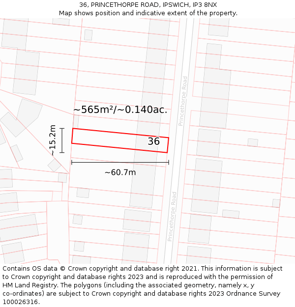 36, PRINCETHORPE ROAD, IPSWICH, IP3 8NX: Plot and title map