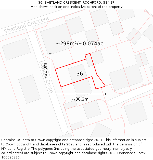 36, SHETLAND CRESCENT, ROCHFORD, SS4 3FJ: Plot and title map