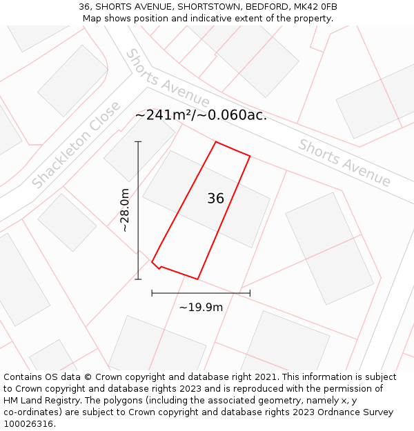 36, SHORTS AVENUE, SHORTSTOWN, BEDFORD, MK42 0FB: Plot and title map